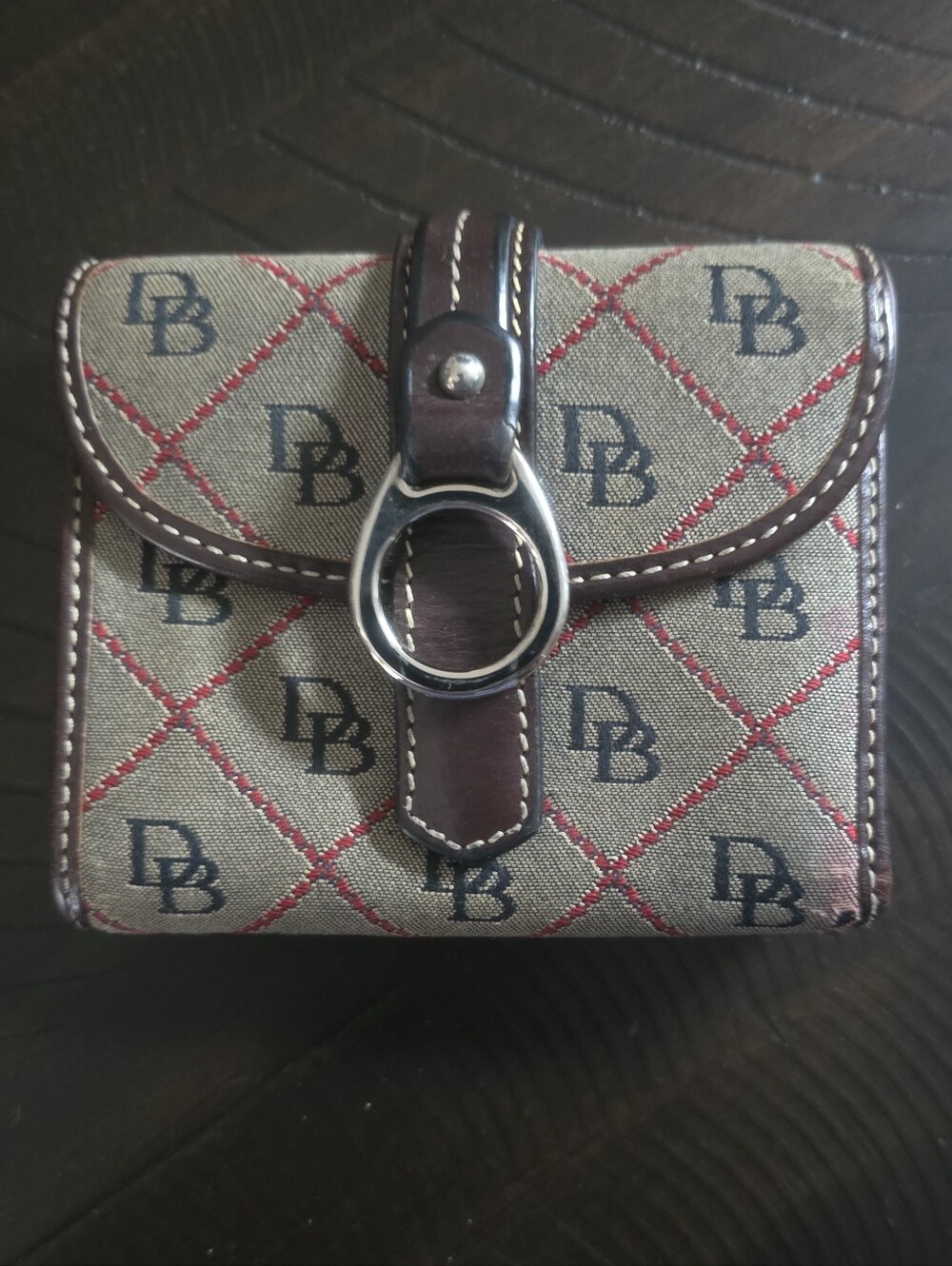 Dooney & Bourke Monogram Canvas Bifold Wallet - Beige, With Red & Brown Accent